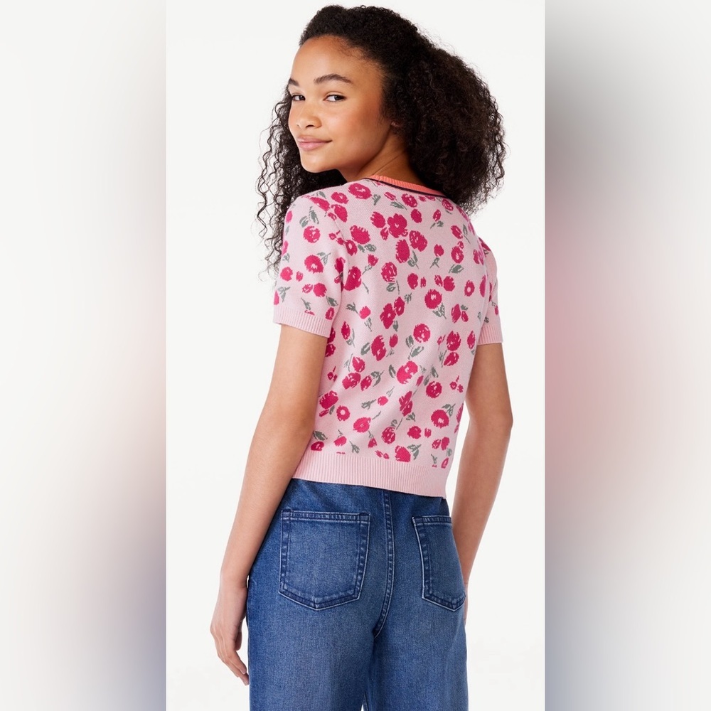 Free Assembly Girls Short Sleeve Intarsia Sweater Top L (10/12) Flowers - Picture 3 of 7